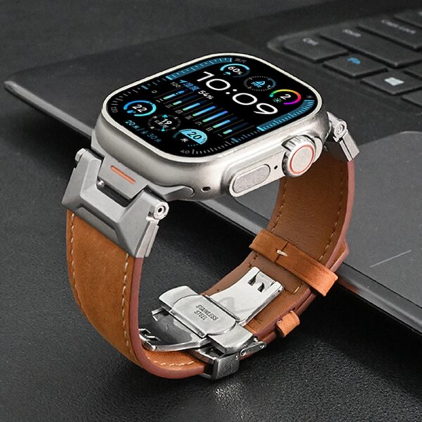 Genuine Leather Band for Apple Watch Ultra 2 49mm 7 8 9 45mm Luxury Mecha Strap for IWatch 6 5 4 Se 3 44mm 42mm Correa Bracelet