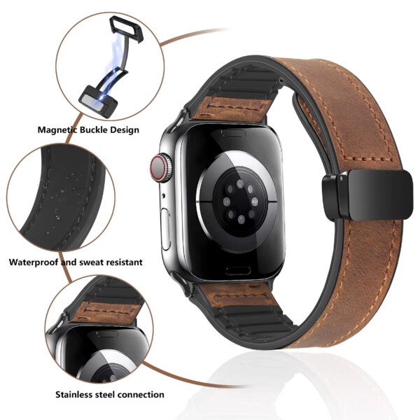 Genuine Leather Strap For Apple Watch Band 44mm 45mm 49mm 41mm 40mm Silicone Magnetic Buckle Bracelet iWatch 4 5 6 7 8 9 Ultra2