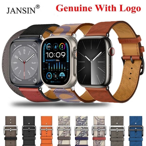 Genuine Leather With Logo Band For Apple Watch Series 9 8 7 6 Bracelet Leather Strap For iWatch Ultra 2 49mm 40mm 44mm 41mm 45mm