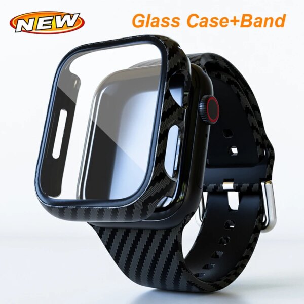 Glass Case+Carbon Fiber Pattern Strap For Apple Watch Ultra 49mm 45mm 42mm 38mm 40mm 41mm Bracelet Correa For iWatch 7 8 9 SE 6