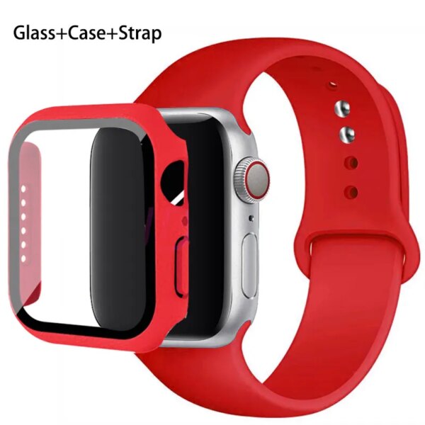 Glass+Case+band For Apple Watch bands 44mm 40mm 45mm 41mm 38mm 42mm Silicone sport bracelet iWatch series 8 9 7 6 5 4 3 SE Strap