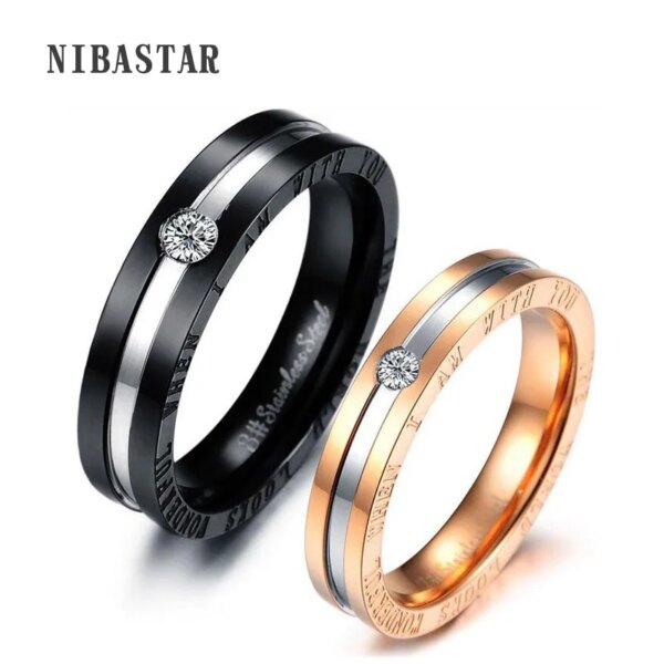 Gold /Black Color Stainless Steel Crystal Couple Ring And Write Romantic Words \