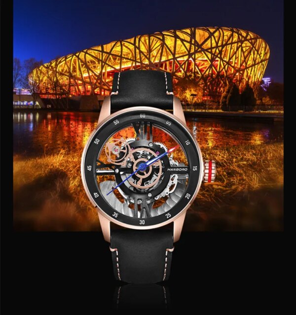 HANBORO Bird'S Nest Design Automatic Watch Men Mechanical Watch 2021 Luxury Tourbillon Watch For Men Leather Reloj Dorado