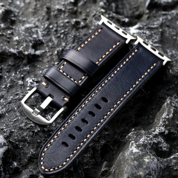 Handmade First Layer Cowhide Leather Strap For Apple watch iWatch Ultra 49m S9 S8 49MM 45 44 42 41 40 Dark Blue Leather Thickene