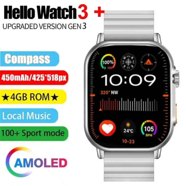 Hello Watch 3 Plus Smart Watch 2.04 Inch 4GB ROM AMOLED Men Smartwatch Wireless Charging Bluetooth Call Local Music Photo Album