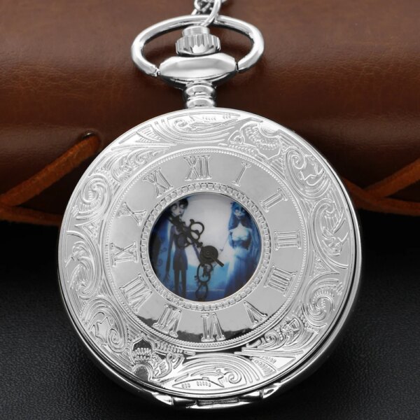 Hollow Silver Ghost Couple Anime Quartz Pocket Watch Vintage Dial with Chain Necklace Pendant Jewelry Clock Festival Gift