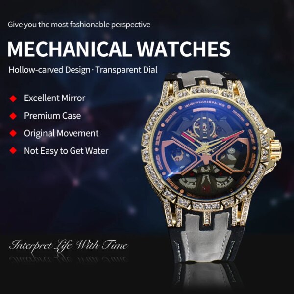 Hot Fashion Women Luxury Automatic Mechincal Watch Diamond Gold Watch Case Sports Waterproof Men's Wristwatch Clock