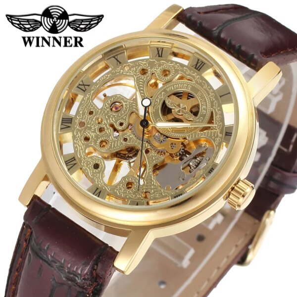 Hot Sale Winner Transparent Luxury Casual Design Leather Strap Mens Watches Top Brand Luxury Mechanical Watches Wholesale