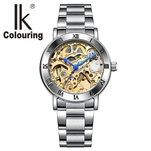 IK Colouring Women Mechanical Watch Roman Lettering Bezel Gold Clouds Engraving Skeleton Automatic Self Wind Ladies Wristwatches