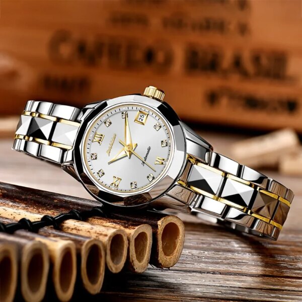 JSDUN 8813 Tungsten steel Strap Women Wristwatch Waterproof Business Japan Automatic Mechanical Watches For Women Calendar