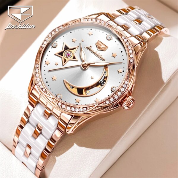 JSDUN 8962 Hollow Luxury Mechanical Watch For Women Ceramic Steel Strap Star Dial Waterproof Ladies Hand Clock Original Watches