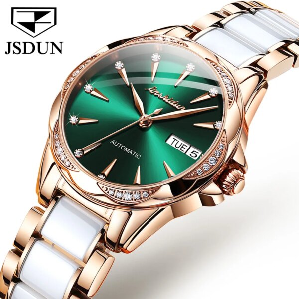 JSDUN Brand 8821 34mm Luxury Mechanical Watch for Women Stainless Steel Sapphire Mirror Automatic Watches 5bar Ladies Wristwatch