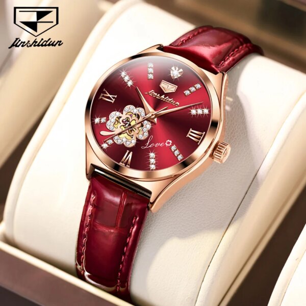 JSDUN Leather Strap Automatic Women's Watch Luxury Elegant Diamond Waterproof Wristwatch Automatic Mechanical Watches for Women