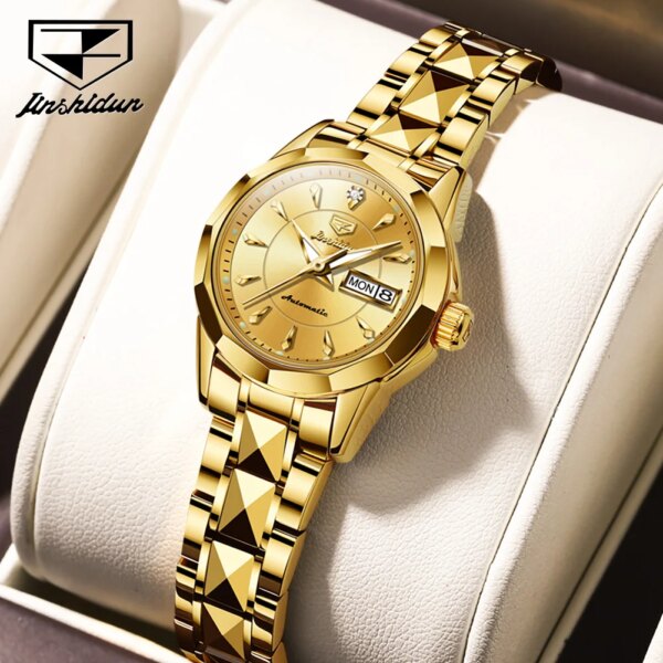 JSDUN Mechanical Watch for Women Luxury Tungsten Steel Strap Dual Calendar Waterproof Luminous Elegant Women's Automatic Watches