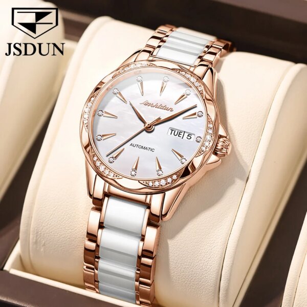 JSDUN Top Brand Luxury 50 meters waterproof Sapphire lens Mechanical Watch for Women Design Diamond Watch simple Gifts for beaut