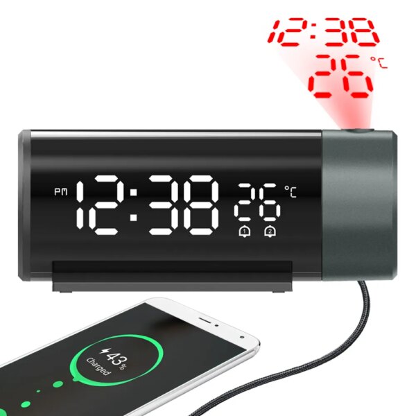 LED Digital Alarm Clock 180° Rotation Electronic Table Projector Watch Time Projection Bedroom Bedside Automatic Backlight Clock