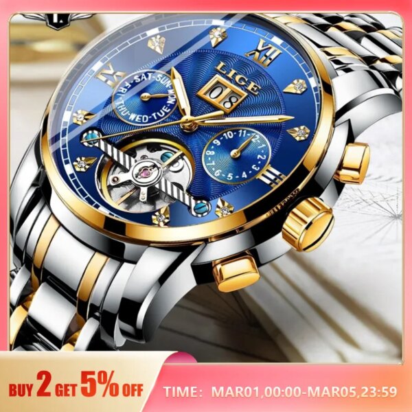 LIGE 2024 Top Brand Luxury Tourbillon Watch Men Fashion Sport Men's Mechanical Wristwatches Casual Waterproof Automatic Watch