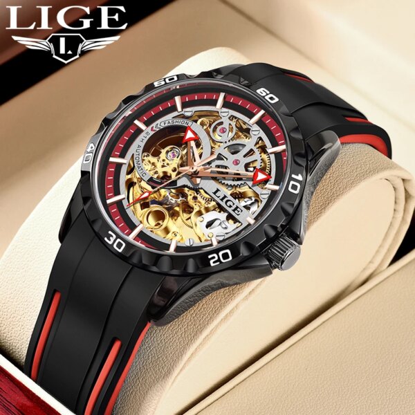 LIGE Design Mechanical Man Watch Hollow Luxury Watches Automatic Clock Tourbillon Self Winding Silicone Casual Sports Wristwatch