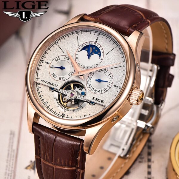 LIGE Luxury Fashion Man Retro Watch Automatic Mechanical Watches Tourbillon Clock Leather Strap Waterproof Military Wristwatches