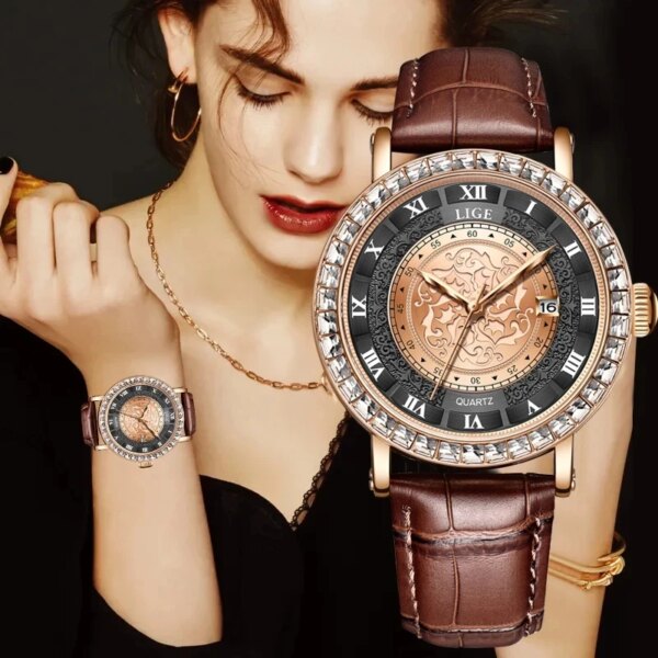 LIGE Original Women's Watch Top Luxury Fashion Watches Ladies Waterproof Leather Bracelet Quartz Woman Wristwatch Montre Femme