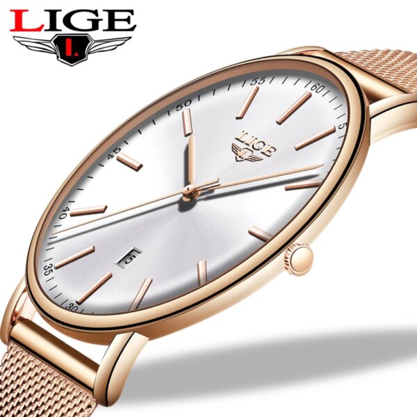 LIGE s Stainless Steel Ultra-Thin Casual Wristwatch Quartz ClockTop Brand Luxury Waterproof Watch  Womens Watches  Fashion Ladie