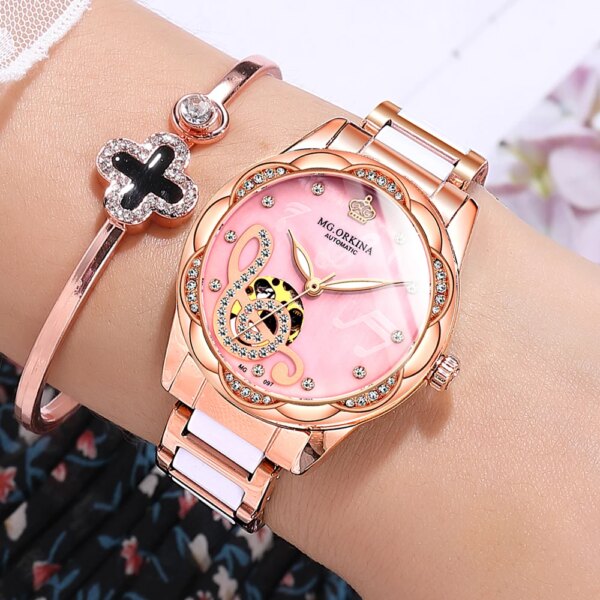 Ladies Fashion Rose Gold Pink Wristwatch Women Watches Luxury Top Brand Mechanical Female Clock Ro Relogio Feminino Montre Femme