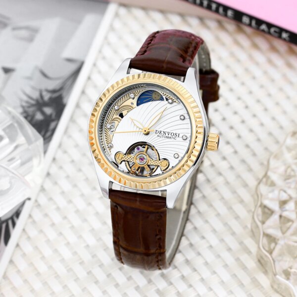 Ladies Flywheel double hollowed luxury fashion casual luminous leather watch with automatic mechanical waterproof watch