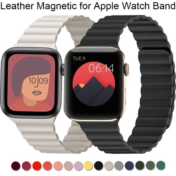 Leather Link for Apple Watch Band Ultra 49mm 45mm 41mm 44mm 40mm Magnetic Loop bracelet Iwatch Series 9 7 8 SE 6 5 4 3 2 Correa