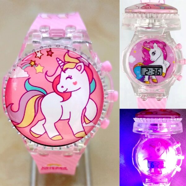 Lovely Cartoon Unicorn Kids Girls Children Digital Electronic Revolve Lights Music Flashing Party Gifts Toy Wrist Watches Clock