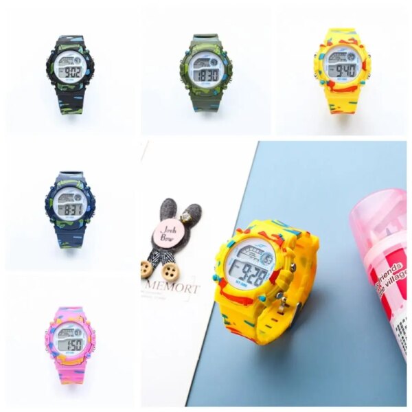 Luminous Camouflage Kids Watches Led Colorful Flash Digital Waterproof Alarm For Boys Girls Anti-seismic Creative Children Clock