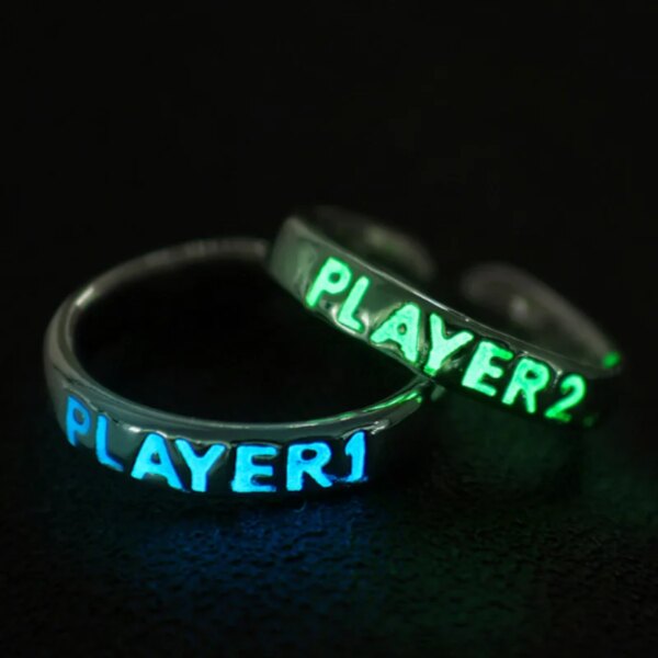 Luminous Ring for Couple Creative Glowing In The Dark Player 1 Player 2 Matching Gaming Ring for Women Men Valentine's Day Gift