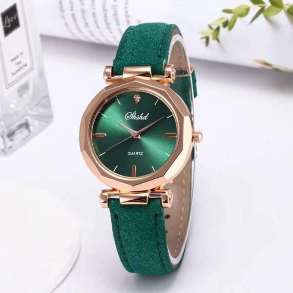 Luxury Brand Fashion Casual Women Watch Green Dial Quartz Round Crystal Wristwatch Simple Vintage Small Clocks Reloj Dama