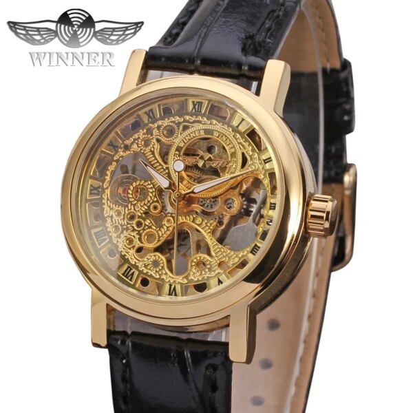 Luxury Brand Hand Wind Mechanical Ladies Watch for Women Leather Strap Skeleton Mini Golden Dial Luminous Hands Wrist Watches