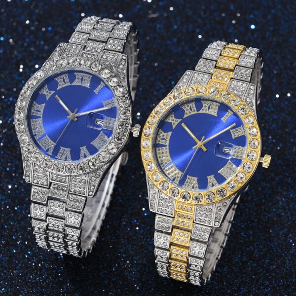 Luxury Fashion Diamond Men Women Watches Blue Dial Ladies WristWatch Luxury Rhinestone Unisex Business Watches Couple Clock Gift