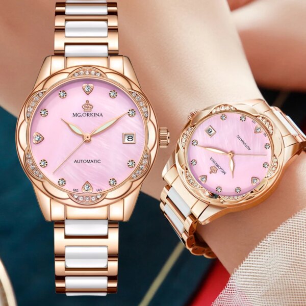 Luxury Geneva Brand Women Rose Gold Stainless Steel Mechanical Watches Crystal Casual Wrist Watches Rhinestone Relogio Feminino