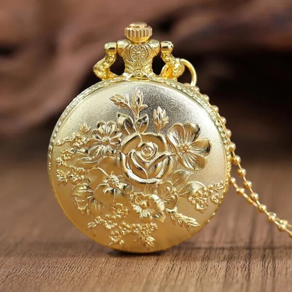 Luxury Gold Flower Quartz Pocket Watch Double-sided Printing Fashion Design Pendant Fob Watch Chain Gifts for Men