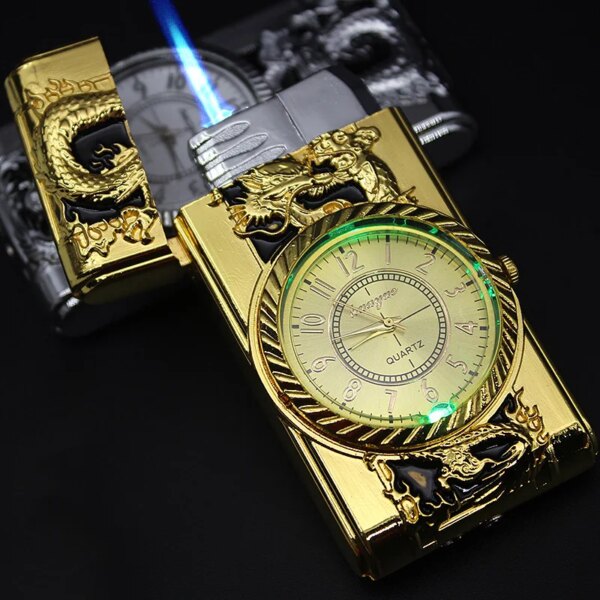 Luxury Gold Watch Jet Lighter Torch Turbo Gas Lighter Windproof Cigar Cigarette Metal Lighter LED Gasoline Butane Cigarette Acce