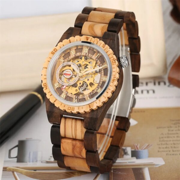 Luxury Men's Watch Automatic Mechanical Wooden Watch Roman Numerals Display Wood Bangle Wristwatch Creative Male Timepiece reloj