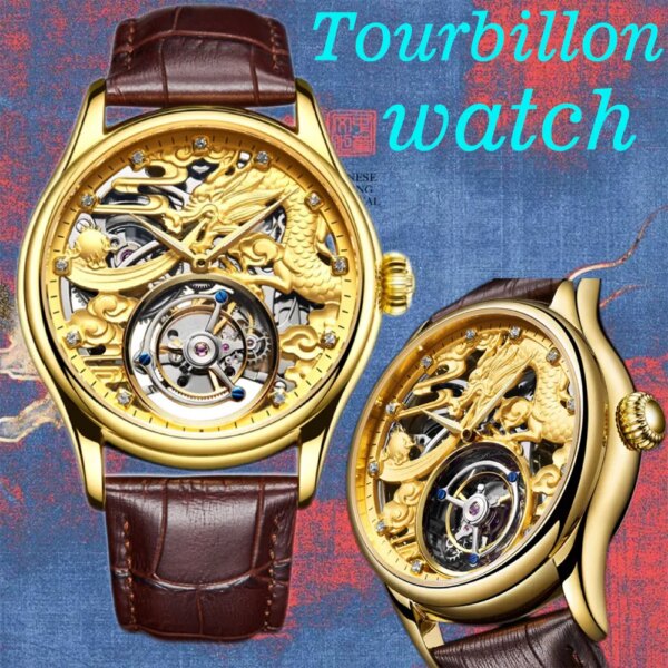 Luxury and fashionable skull tourbillon watch, gold dragon watch, luxury mechanical stainless steel leather men's sapphire watch