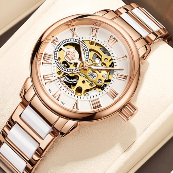 MGORKINA Fashion Women Watch Top Brand Rose Gold Stain Steel Waterproof Skeleton Ladies Watch Luxury High Quality Clock Gifts