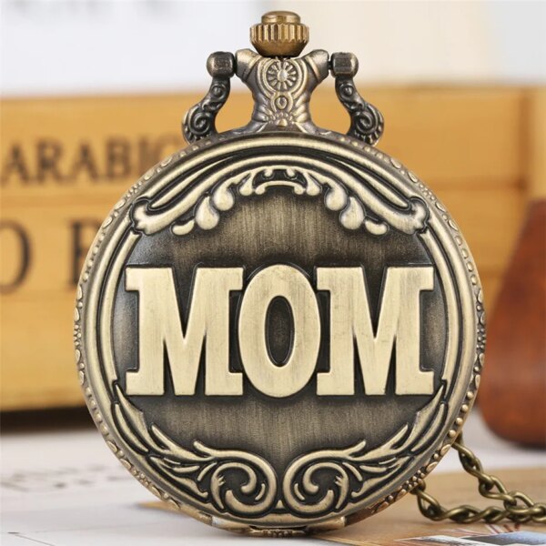 MOM Display Full Hunter Bronze Quartz Pocket Watch Retro Antique Jewelry Clock Gifts for Mother Best Birthday Present