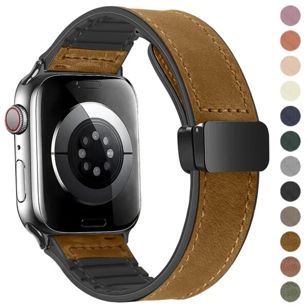 Magnetic Strap for Apple watch band 44mm 40mm 45mm 41mm Genuine Leather+silicone bracelet iWatch series 9 8 7 6 se ultra 2 49mm