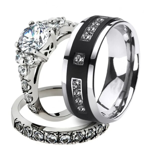 Men Fashion Stainless Steel Black Ring Ladies Rhinestone Silver Color Rings Couple Ring Jewelry Accessories New Year Gift