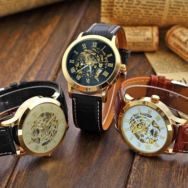 Men Watch Luxury Skeleton Roman Numerals Hollow Dial Stainless Steel Band Mechanical Men's Watch Gift Male Bussiness Wristwatch