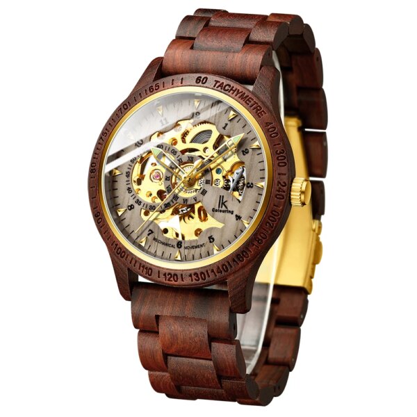 Men Wood Watches Fashion Gold Skeleton Watches Men Wooden Strap Automatic Mechanical Wristwatches IK Colouring Relogio Masculino