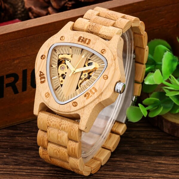 Men's Automatic Mechanical Watches Triangle Dial Natural Stylish Bamboo /Zebrawood Wooden Bracelet Watchband Male Wristwatches