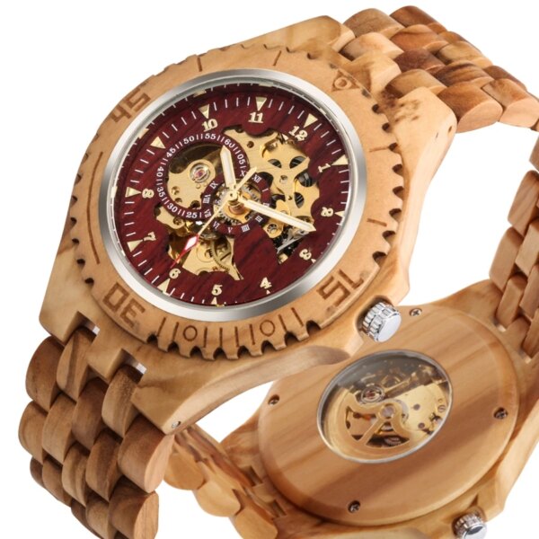 Men's Watch Top Luxury Mechanical Watch Automatic Red Skeleton Cherry Wood Clock Men Full Wooden Band Casual Wristwatch Retro