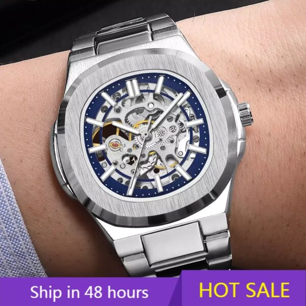 Men's Watches Luxury Automatic Watch For Men Mechanical Wristwatch Skeleton Stainless Steel Sapphire Glass Male Clock 2024