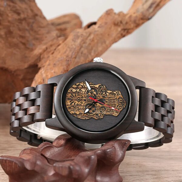 Mens Watches Art Handcrafts Skull Design No Words Pattern Retro Ebony Wooden Full Wooden Band Quartz Wrist Watch for Men Husband