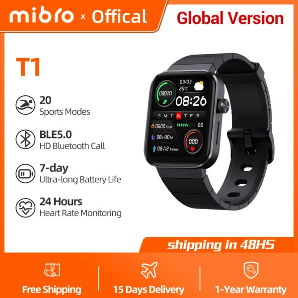 Mibro T1 Smartwatch Global Version Bluetooth Calling 1.6Inch AMOLED HD Screen Sport 2ATM Waterproof Men Women Smart Watch